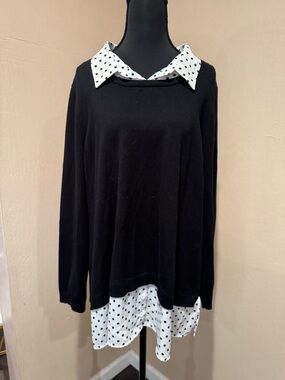 Source Unknown Black Pullover Sweater with White Polka Dot Collar and Button Hem